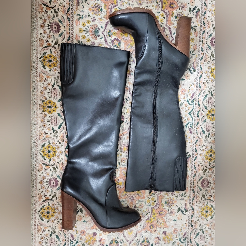 Anthropologie Black Heeled Boots with Brown Accents